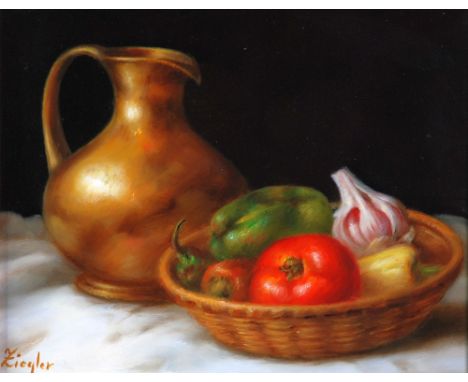 ZIEGLAR (Modern) PAIR OF OIL PAINTINGS Still life studies: ewer and basket of fruit on marble shelf and fruit SIgned 7" x 9" 