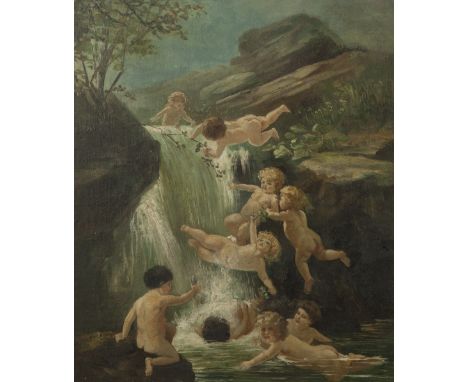 PHILIP RICHARD MORRIS (1838-1902) OIL PAINTING ON BOARD  Nine putti playing at a waterfall Signed 13" x 11" (33cm x 28cm) 