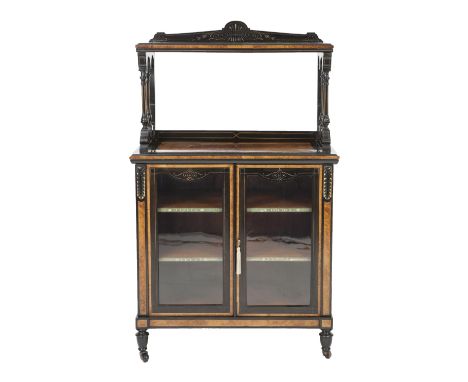 VICTORIAN EBONISED AND THUYA MUSIC/SIDE CABINET, the moulded oblong top with boxwood line inlays and short back, above an ope