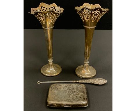 Silver - a pair of silver pierced trumpet vases, 17cm high, cigarette case, button hook (4)