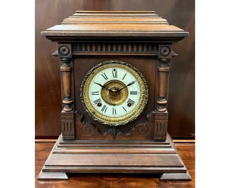 A late 19th/early 20th century Sharon eight day mantle clock, Ansonia movement, stepped architectural case, c.1900