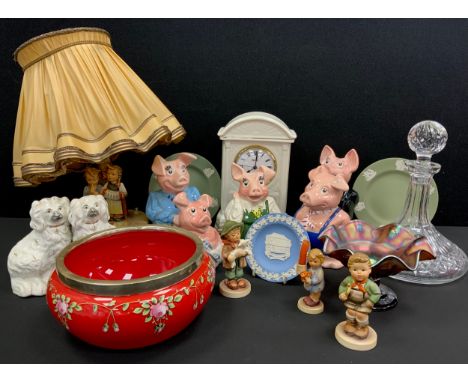 Ceramics - Belleek mantel clock, boxed; Hummel Goebel figure group lamp, other figures, Wedgwood jasperware; etc