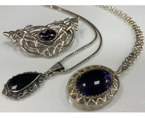 A silver and blue john oval cabochon pendant necklace, stamped 925;  another pear drop cabochon, box link chain; a Celtic des