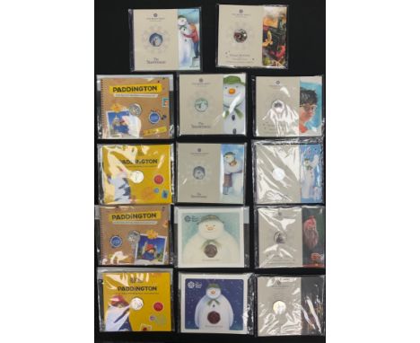 The Royal Mint, Brilliant uncirculated coins - 50p pieces, Paddington Bear (4) The Snowman (6) Harry Potter (4), all cased in