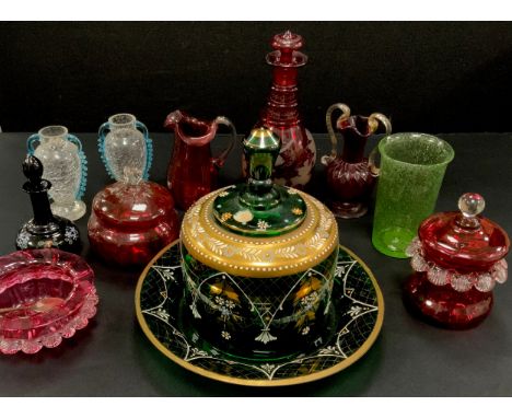 Victorian and later Glassware - including ruby glass decanter, crackle glass vases, cranberry glass etc.