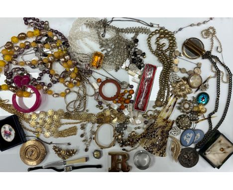 Jewellery - including brooches, beads, bracelets, watches, brass paperweight, stratton compact; mother of pearl beads etc