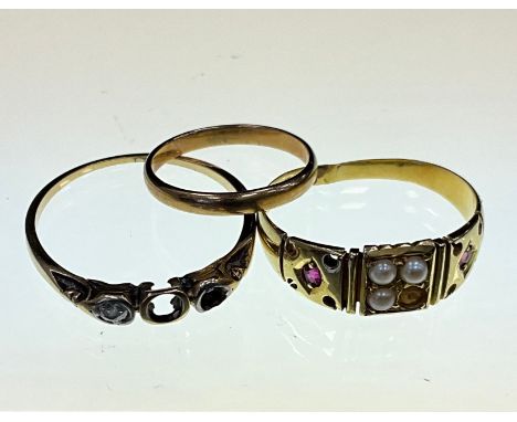 Rings, Victorian ruby and seed, pearl. 18 ct gold.  Ring, size M, 2.25g gross;  Diamond 9ct gold ring (missing stones, size O