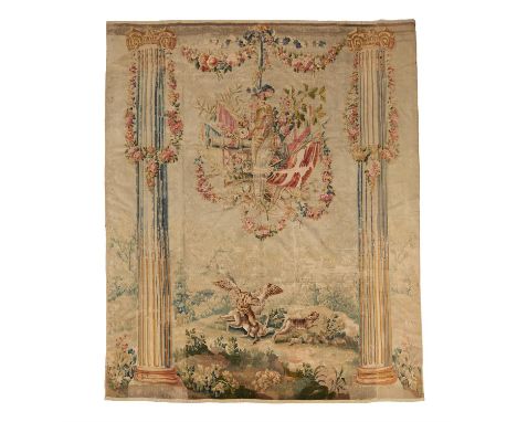 A Louis XVI Aubusson portico tapestry in the manner of Jean-Baptiste Huet, last quarter 18th century, woven in wool and silk,