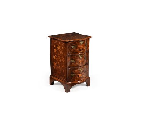 An unusual  Dutch walnut and marquetry serpentine fronted chest, late 18th century, decorated with floral marquetry to the dr