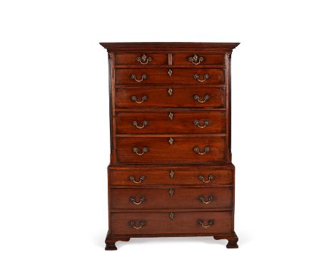 A George III solid walnut chest on chest, circa 1770, the moulded cornice above two short and four long graduated drawers, fl
