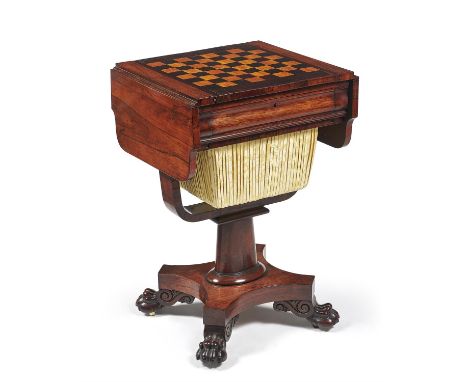 Y A George IV rosewood games table, circa 1825, the twin flap top with central chess board inlaid panel sliding to reveal a r