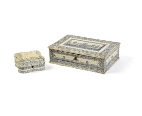 Y A fine Vizagapatam ivory veneered, lac-engraved and sandalwood work box, circa 1780-90, of rectangular section, the hinged 