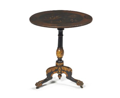 A Regency black lacquer and gilt chinoiserie decorated tripod occasional table, circa 1815, the circular top decorated with f