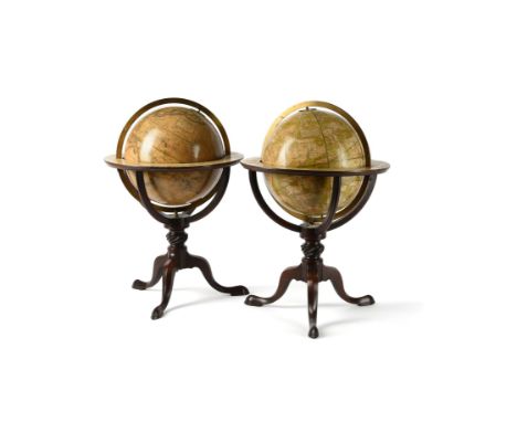 A fine pair of Victorian 12 inch library table globes, Newton and Son, London, mid 19th century, the terrestrial sphere appli