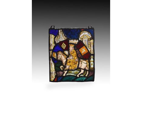 A stained glass panel with a King on horseback, elements possibly 15th century, probably English, the central figure wearing 