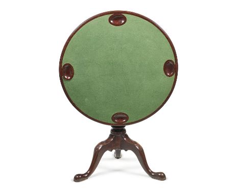 A George II mahogany tripod games table, circa 1750, the hinged circular top with baize inset playing surface and counted wel