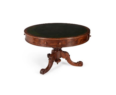 A Victorian mahogany 'drum' library table, circa 1860, the circular top with tooled leather inset surface, above four frieze 