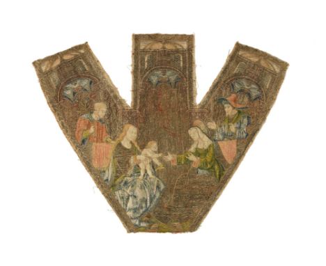 A fine Flemish or French silk and metal thread embroidered fragment of a chasuble panel, first half 16th century, the 'forked
