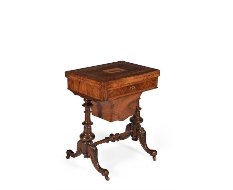 A Victorian figured walnut and Tonbridge ware decorated games table, circa 1860, the hinged rectangular top centred by a view