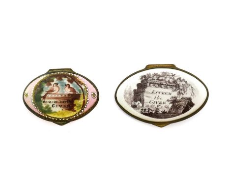 A South Staffordshire Enamel Patch Box, circa 1760, of navette form, the cover printed en grisaille with a classical altar in