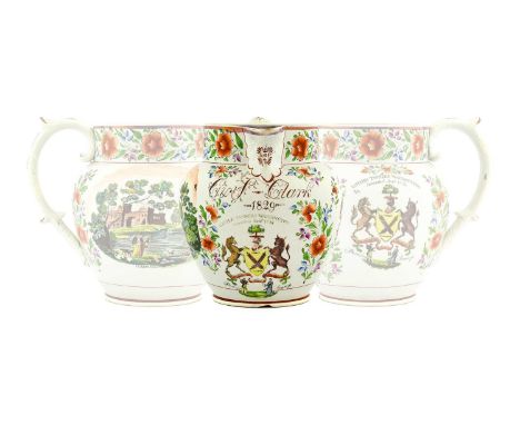 A Sunderland Lustre Jug, dated 1829, of ovoid form, inscribed C&amp;S Clark 1829 over arms and inscription UNITED TANNERS WAR