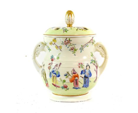 A Spode Felspar Porcelain Pot Pourri Vase and Cover, circa 1820, of ribbed baluster form with leaf-capped scroll handles, the