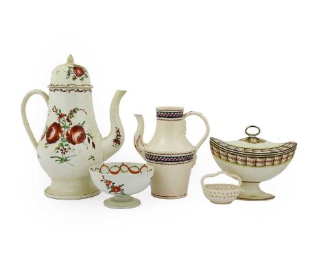 A Herculaneum Pearlware Tureen and Cover, circa 1810, of oval form with loop handle and oval foot, painted with a formal foli
