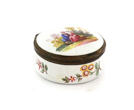 A South Staffordshire Enamel Box and Cover, circa 1770, of circular form, painted with a romantic couple in landscape and wit