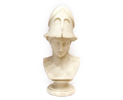 After the Antique: A White Marble Bust of Athena, wearing a helmet, on a circular socle48cm high4cm long flat chip to fore-ed