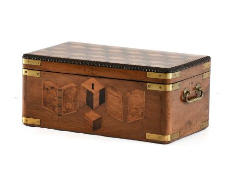 A Brass-Bound Walnut, Marquetry and Parquetry Travelling Stationery Box, mid 19th century, the hinged cover with gadrooned ed