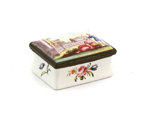 A South Staffordshire Enamel Snuff Box, circa 1770, painted with romantic figures in a classical landscape and with scattered