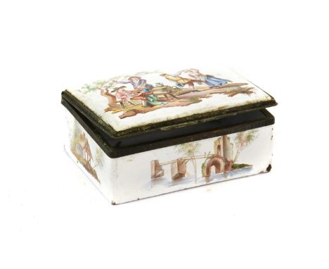 A Metal-Mounted Enamel Snuff Box, probably German, 2nd half 18th century, of rectangular form, painted with rustic figures an