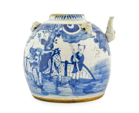 A Chinese Provincial Porcelain Large Wine Pot, Qing Dynasty, of ovoid form with scroll spout and lion mask lug handles, paint