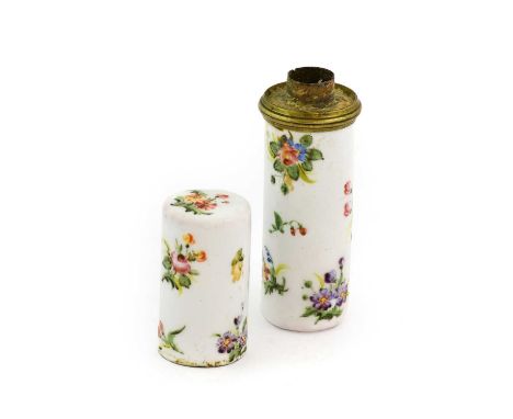 A South Staffordshire Enamel Needlecase, circa 1770, of cylindrical form, painted with flowersprays and scattered sprigs12cm 