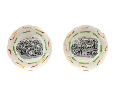A Pair of Staffordshire Earthenware Crimea Commemorative Nursery Plates, circa 1855, printed in black with INKERMANN and BALA