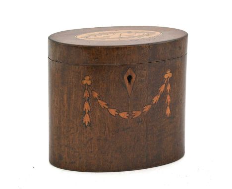 A George III Harewood and Marquetry Oval Tea Caddy, the hinged cover inlaid with a shell patera over a husk swag14cm wideNo k