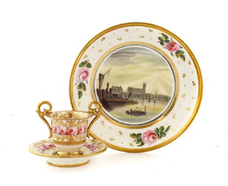 A Swansea Porcelain Miniature Twin-Handled Cabinet Cup and Saucer, circa 1820, of campana form with loop handles, painted wit