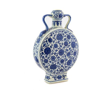 A Chinese Porcelain Moon Flask, Qianlong reign mark but not of the period, painted in underglaze blue with scrolling lotus, b