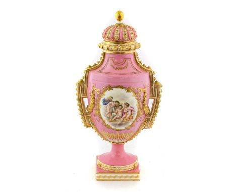 An English Porcelain Vase and Cover, probably Coalport, circa 1835, of urn shape with coronet cover and angular handles, pain