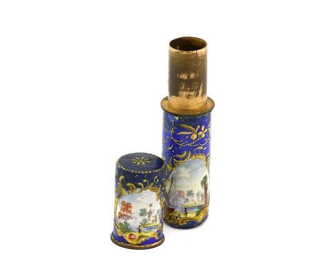 A South Staffordshire Enamel Needle Case, circa 1760, of cylindrical form, painted with European landscapes on a blue ground 