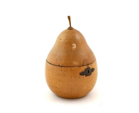A Turned Fruitwood Pear Tea Caddy, early 19th century, with hinged cover and white metal escutcheon18cm highSurface wear and 