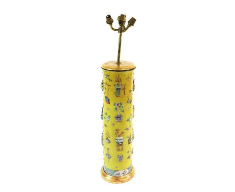 A Chinese Porcelain Vase, 19th century, of cylindrical form, moulded and painted in famille rose enamels with various vases a