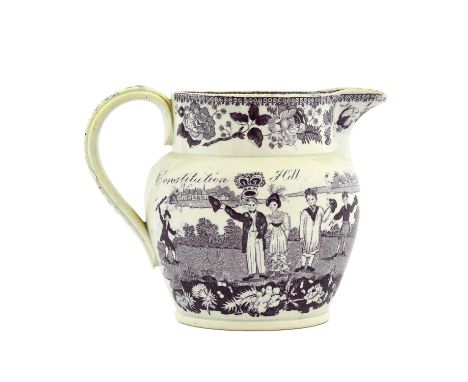 An 1832 Reform Act Commemorative Pearlware Jug, circa 1832, of ovoid form, printed in manganese with THE OLD ROTTEN TREE, the