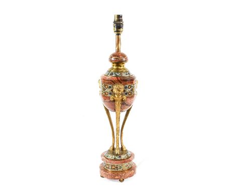 A French Gilt Metal Mounted Marble and Cloisonne Enamel Lamp Base, in Louis XVI style, of semi-ovoid form with bands of folia