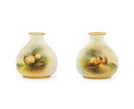 A Pair of Royal Worcester Porcelain Vases, by Ernest Barker, circa 1919, of pear shape, painted with sheep in a highland land