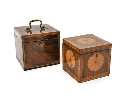 A George III Satinwood and Marquetry Tea Caddy, of square form, each face inlaid with a circular patera within rosewood cross