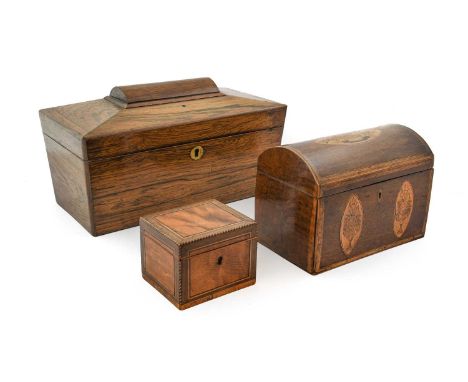 A Partridgewood, Marquetry and Kingwood-Crossbanded Tea Caddy, 19th century, of domed rectangular form, inlaid with vases and