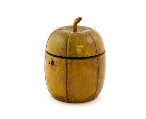 A Stained Fruitwood Melon Tea Caddy, naturalistically carved, with hinged cover and white metal escutcheon18cm highPlease not