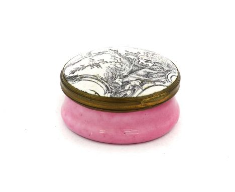 An English Enamel Snuff Box and Cover, Battersea or Birmingham, circa 1755, printed en grisaille with hunting trophies around