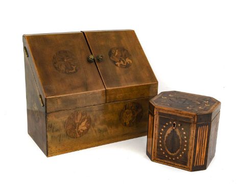 A George III Marquetry Tea Caddy, of canted rectangular form, worked with various roundels, foliage and faux fluting, the int